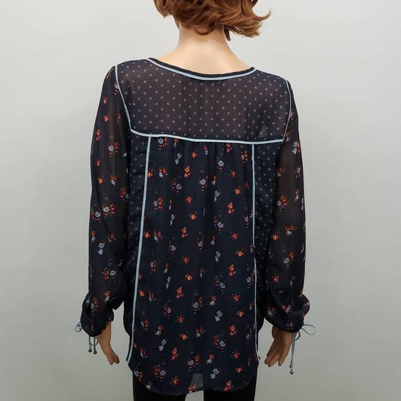 Abercrombie & Fitch Peasant Floral Top Sz S Navy Blue Long Sleeve Lace up Boho - Picture 10 of 13